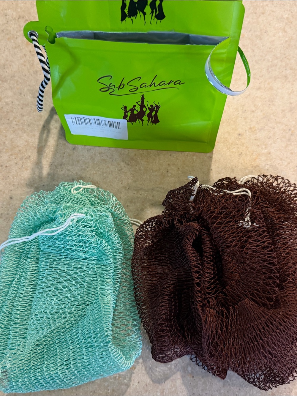 Mesh Drawstring Bag Set - Brown & Mint